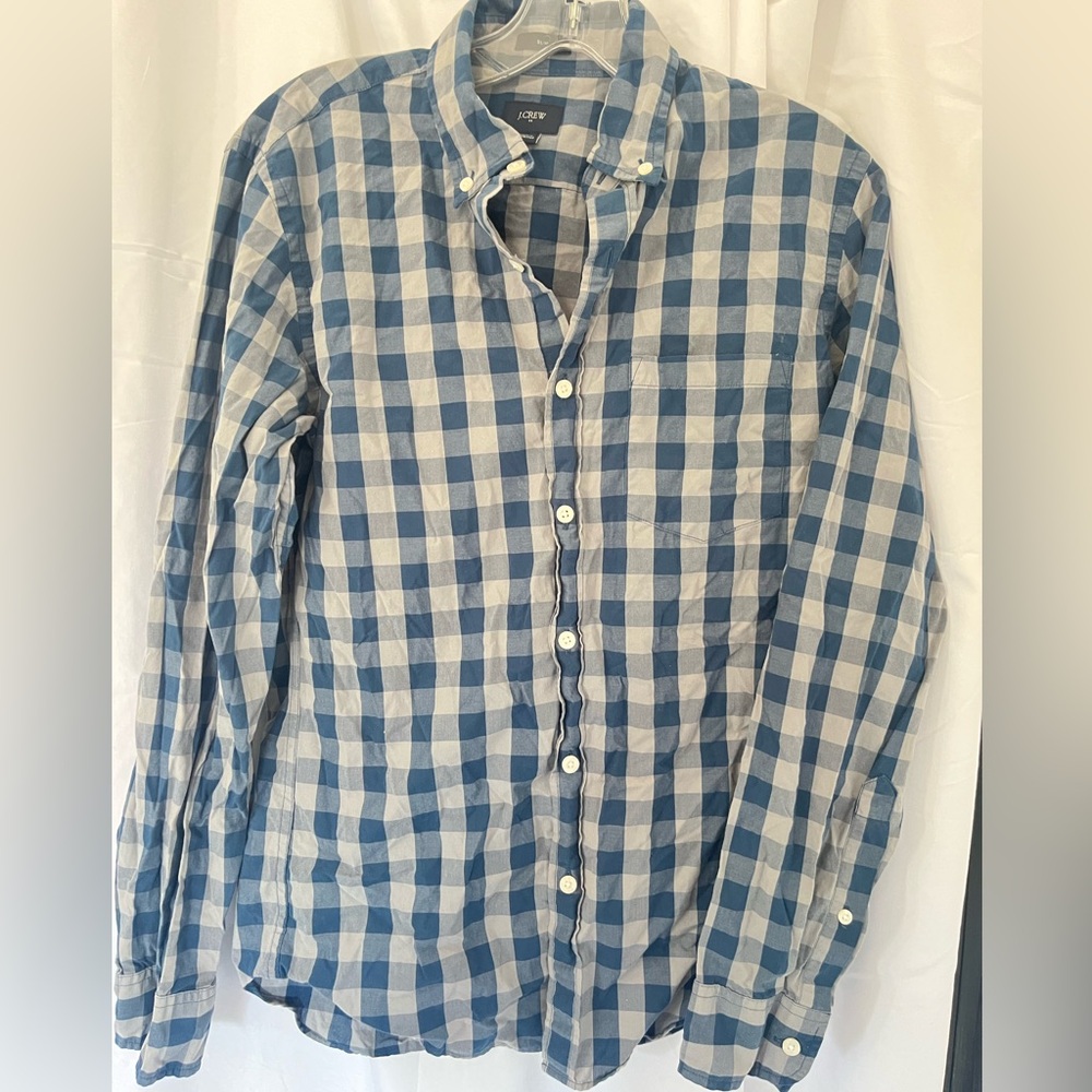 J. Crew Mens Slim Navy and White Plaid buttoned down shirt long sleeve casual
